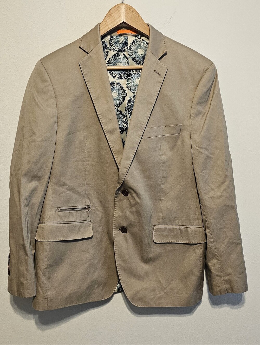 Tallia Men's Sport Coat Blazer Tan 100% Cotton Floral Lining Size 42R